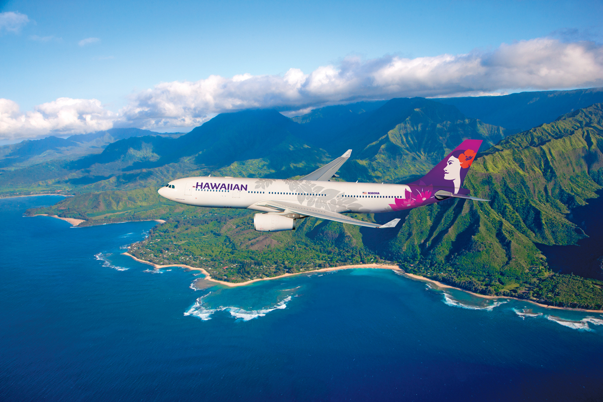 Hawaiian Airlines plane over Hawaii