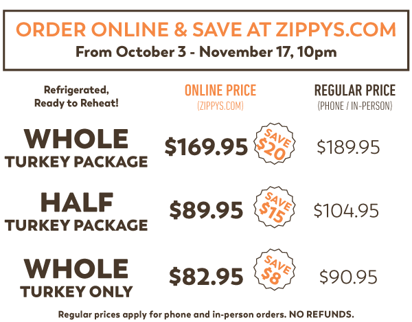Zippy's Thanksgiving Holiday Meals to Go prices